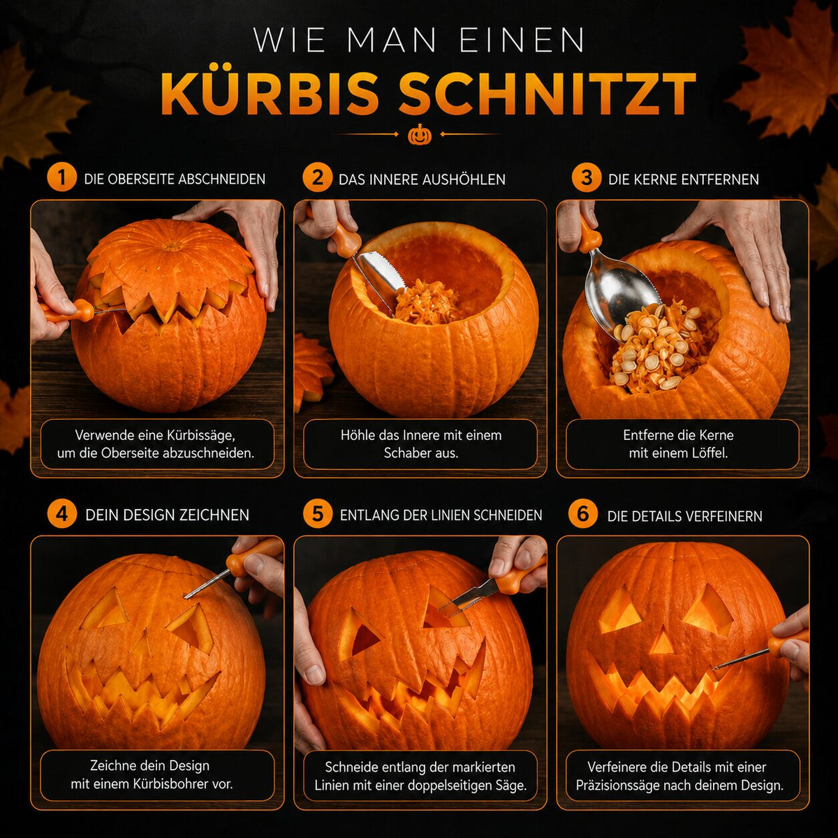 Kürbisschnitzset Halloween | 10-teilig mit Aufbewahrungstasche | Edelstahlklingen für Aushöhlen, Schneiden und Gestalten 5