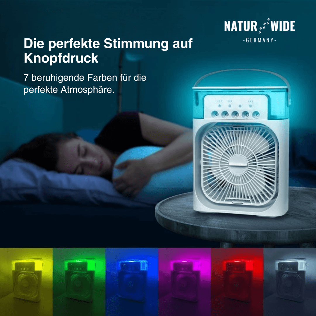 USB Luftkühler-Ventilator | 3-in-1 mit Luftbefeuchter & 7-Farben-LED | 3 Windstufen, 3 Sprühstufen, USB-Betrieb 9