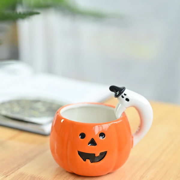 Kürbis Kaffeetasse für Halloween | Mit Geister-Griff aus Keramik | Ideal für Kaffee, Tee, Cidre und warmen Punsch