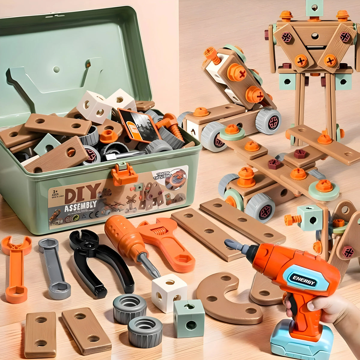 Schrauben-Baukasten für Kinder, über 100 Teile | Im Werkzeugkoffer mit Fächern | Fördert Feinmotorik und logisches Denken 3