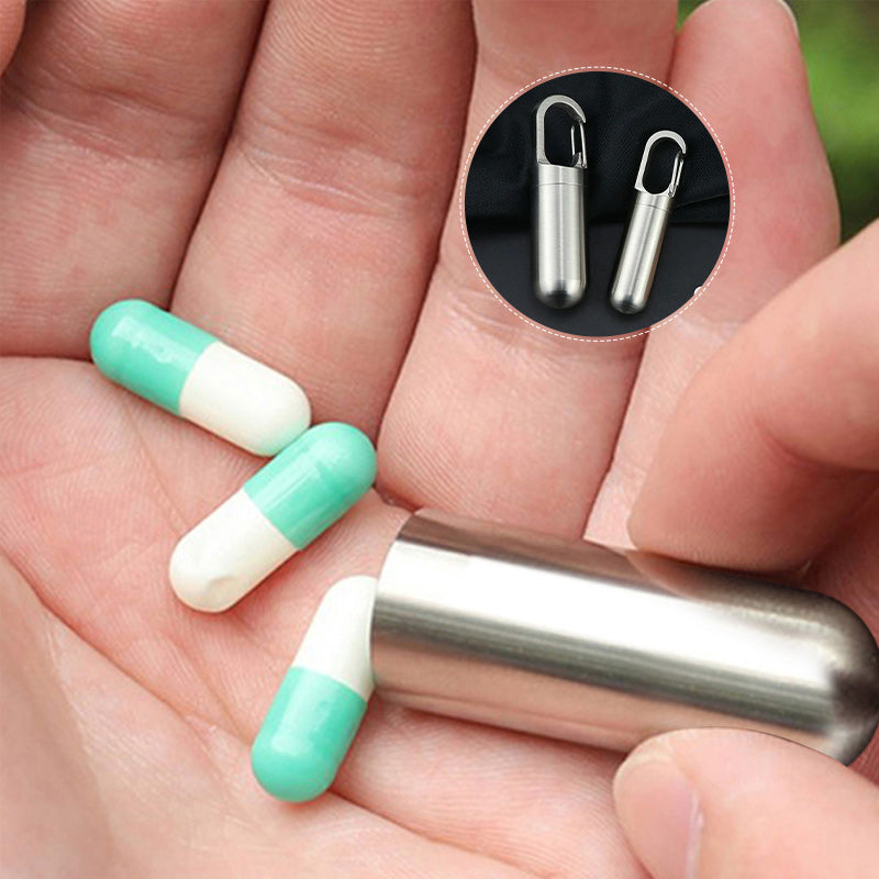 Přenosná krabička na léky z nerezové oceli | Vodotěsná s O-kroužkem | 4ml pilulka s klíčenkou | Pillox