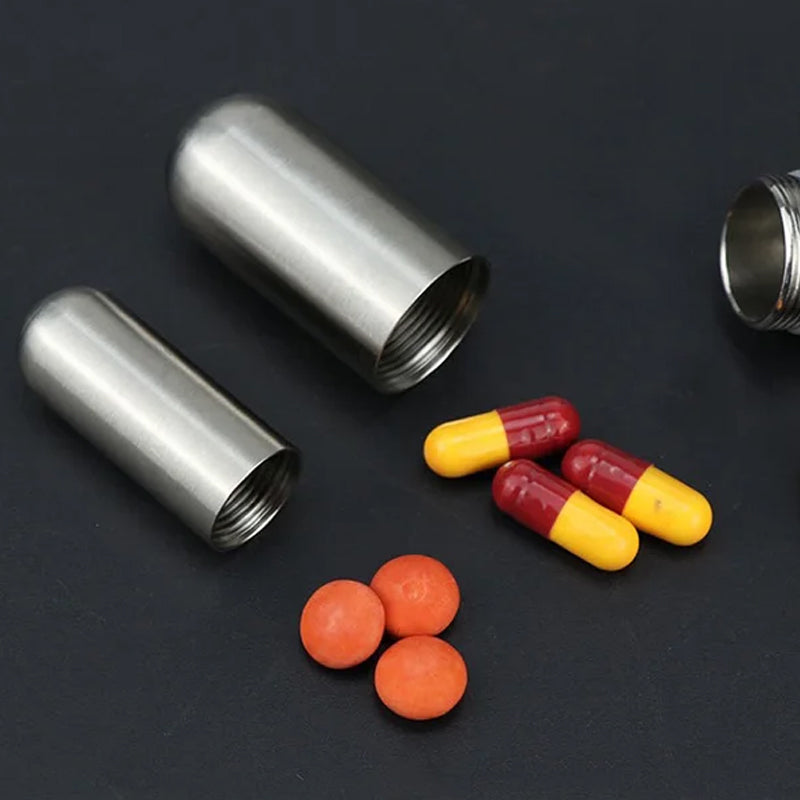 Přenosná krabička na léky z nerezové oceli | Vodotěsná s O-kroužkem | 4ml pilulka s klíčenkou | Pillox
