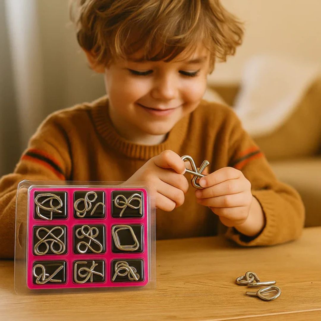 Metallpuzzle Denksport für Kinder | Fördert Logisches Denken & Geduld | Blau, Gelb, Rosa, 3er Set, ab 5 Jahren 3