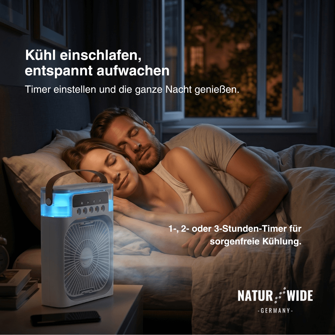 USB Luftkühler-Ventilator | 3-in-1 mit Luftbefeuchter & 7-Farben-LED | 3 Windstufen, 3 Sprühstufen, USB-Betrieb 5