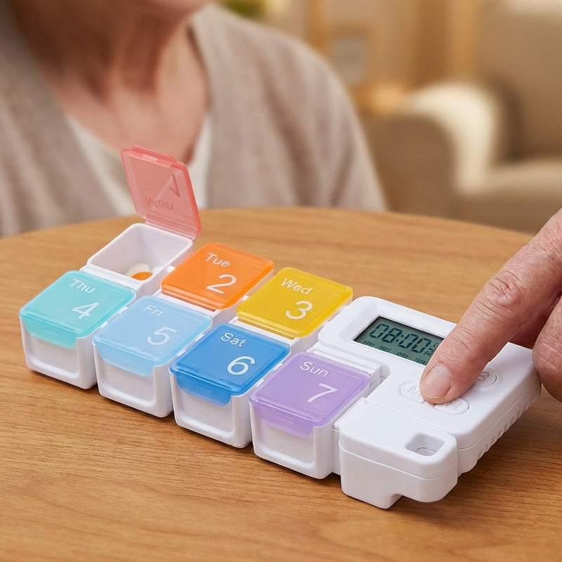 Organizador eletrónico semanal de comprimidos | 4 alarmes | Compartimentos modulares em plástico | MediSort
