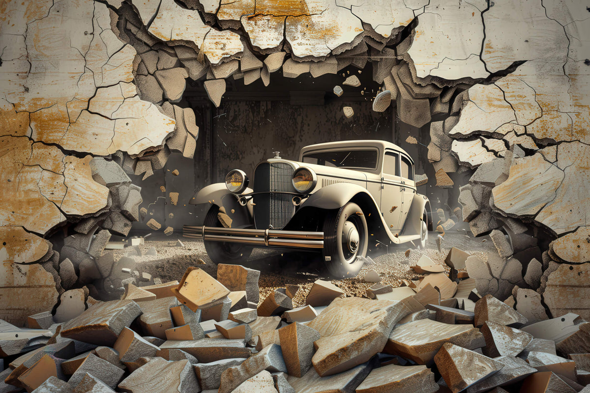 3D Fototapete Auto Wanddurchbruch | Vintage Oldtimer Motiv mit Ziegelwand-Optik | Selbstklebend oder Klassisch erhältlich