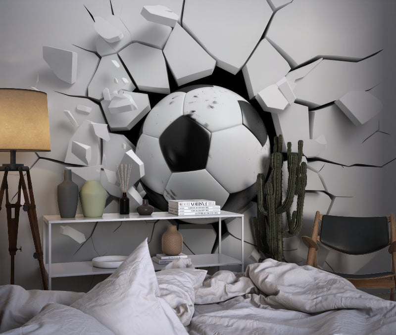 3D Fußball Fototapete | Durchbrechende Wand-Optik in Schwarz-Weiß | Ideal für Kinderzimmer, Jugendzimmer und Fanräume