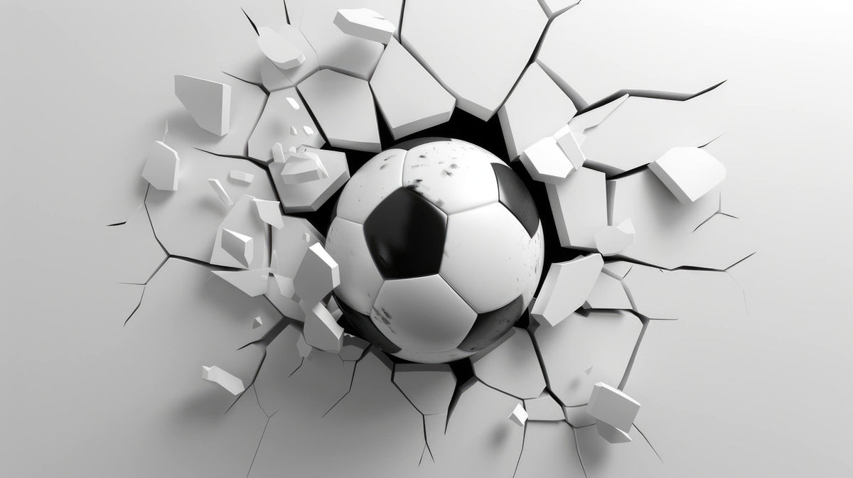3D Fußball Fototapete | Durchbrechende Wand-Optik in Schwarz-Weiß | Ideal für Kinderzimmer, Jugendzimmer und Fanräume