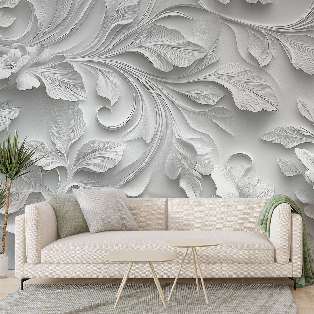 White 3D floral wallpaper creating depth in a modern living room, soft natural light highlighting the embossed botanical pattern