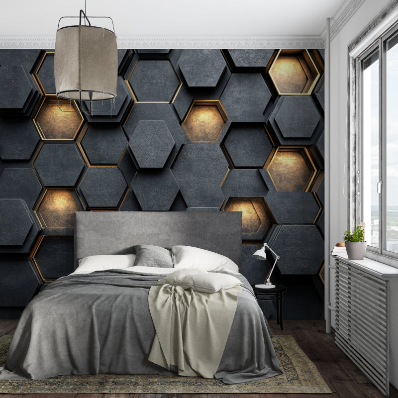 Dining room accent wall with Black and Gold Hexagon Pattern catching evening light