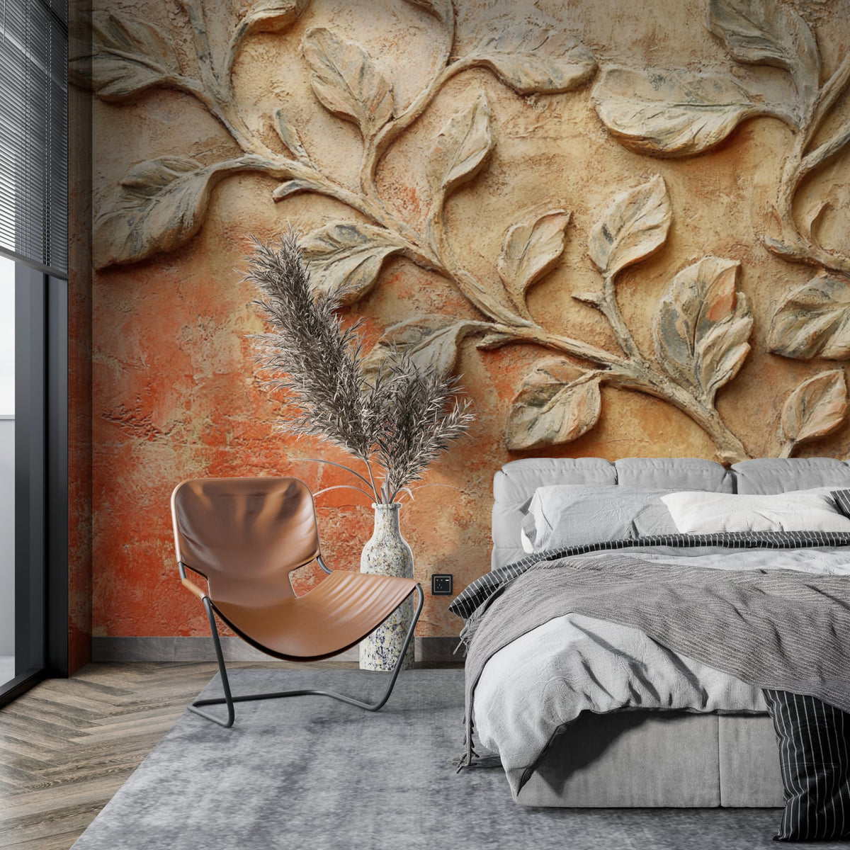 3D leaf wallpaper in modern dining room showing textured relief pattern in warm terracotta tones
