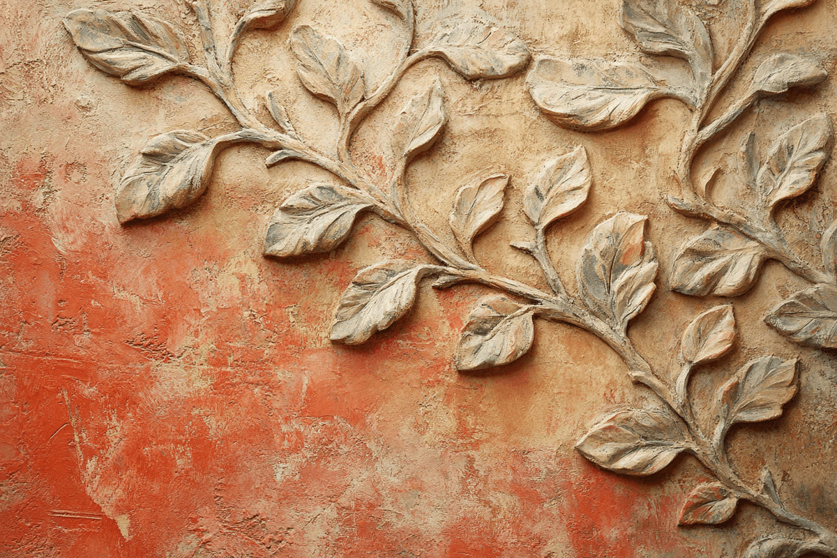 Design file showing detailed 3D leaf pattern in terracotta with relief texture effect