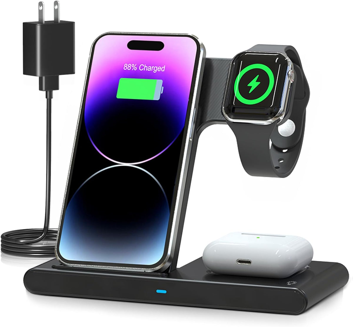 3-in-1 Kabelloses Ladegerät Ständer | Für iPhone, Apple Watch und AirPods | Schnellladefunktion mit 18W Adapter 1