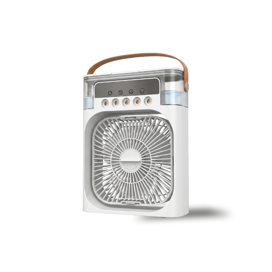 USB Luftkühler-Ventilator | 3-in-1 mit Luftbefeuchter & 7-Farben-LED | 3 Windstufen, 3 Sprühstufen, USB-Betrieb 1