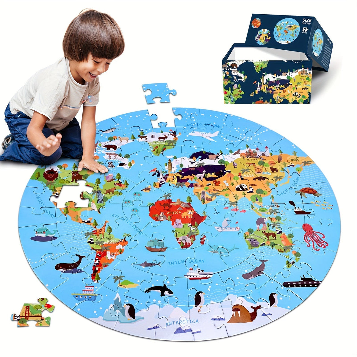 Bodenpuzzle Karton, 580 mm Durchmesser, 70 Teile | Runde Weltkarte mit Tiermotiven | Fördert frühes Lernen ab 3 Jahren 1