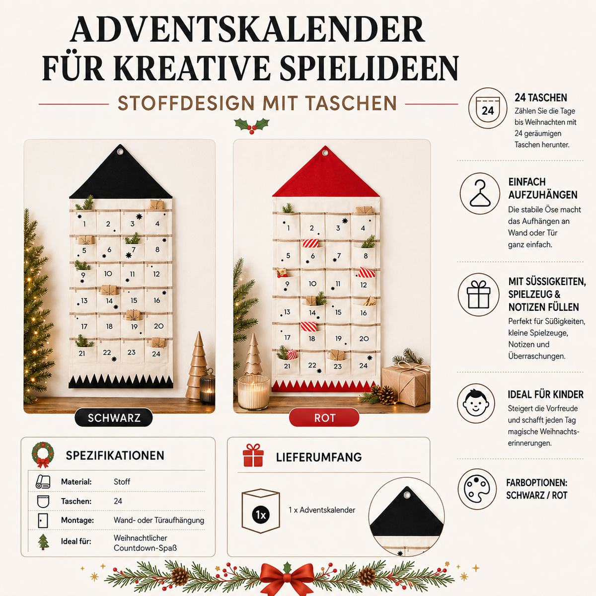 Adventskalender zum Befüllen Weihnachten | 24 Taschen aus Stoff | Wiederverwendbar zum Aufhängen an Tür oder Wand 6