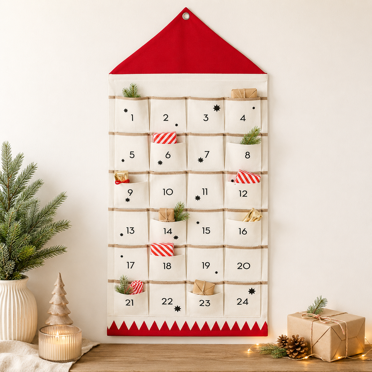 Adventskalender zum Befüllen Weihnachten | 24 Taschen aus Stoff | Wiederverwendbar zum Aufhängen an Tür oder Wand 2