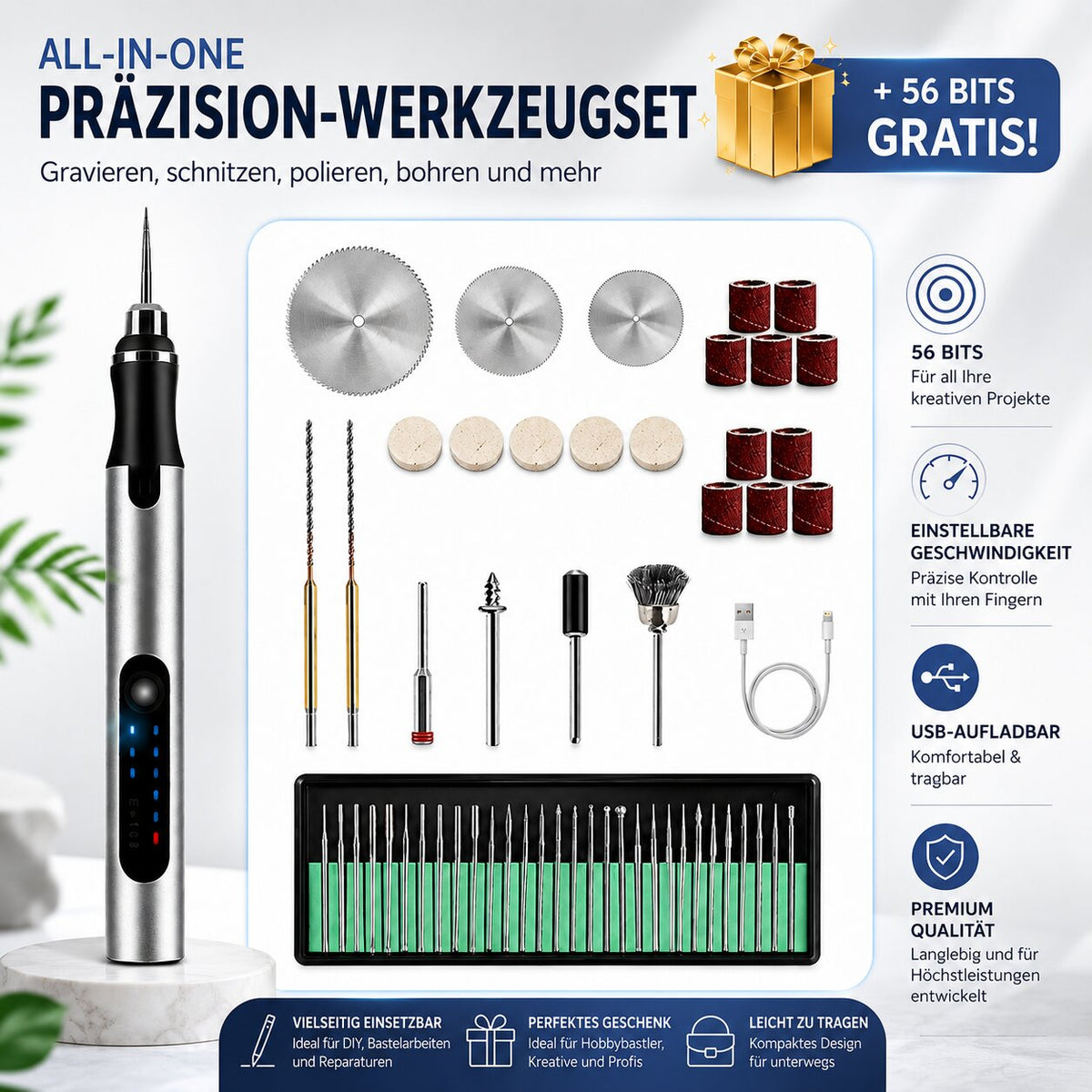 Akku Gravierstift mit 56-teiligem Zubehörset | 3 Geschwindigkeitsstufen, 5000-15000 U/min | USB-Akku 380 mAh, kabellos