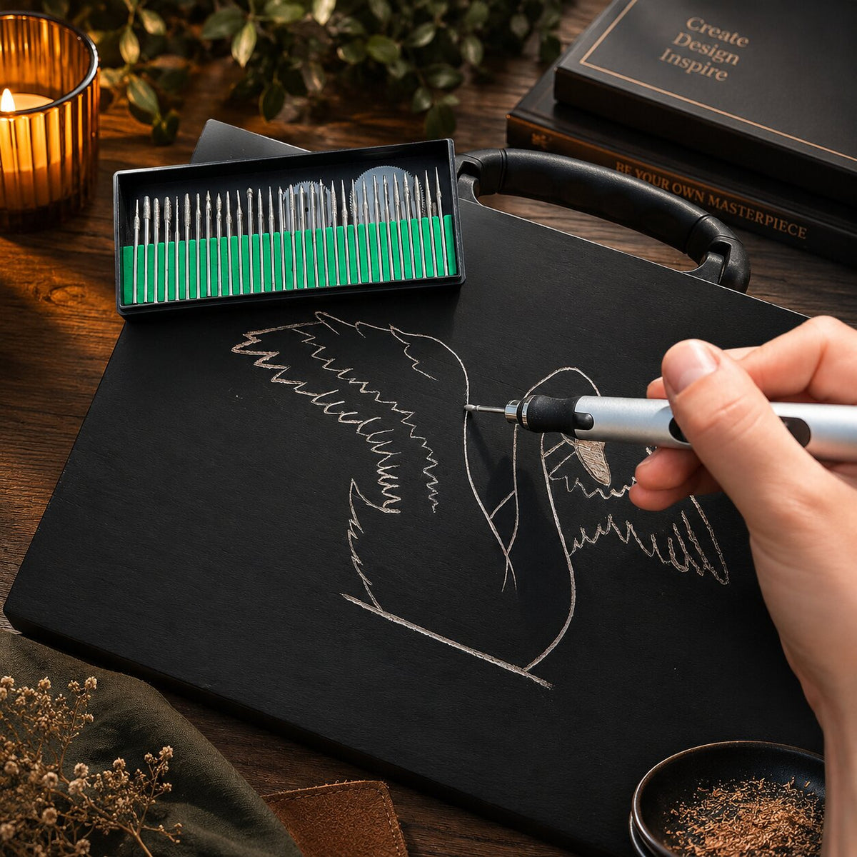 Akku Gravierstift mit 56-teiligem Zubehörset | 3 Geschwindigkeitsstufen, 5000-15000 U/min | USB-Akku 380 mAh, kabellos