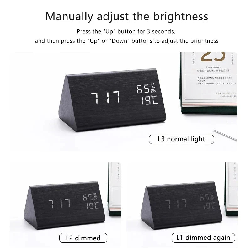 LED-vækkeur | Trælook med temperaturvisning | Lysende display | LumiClock