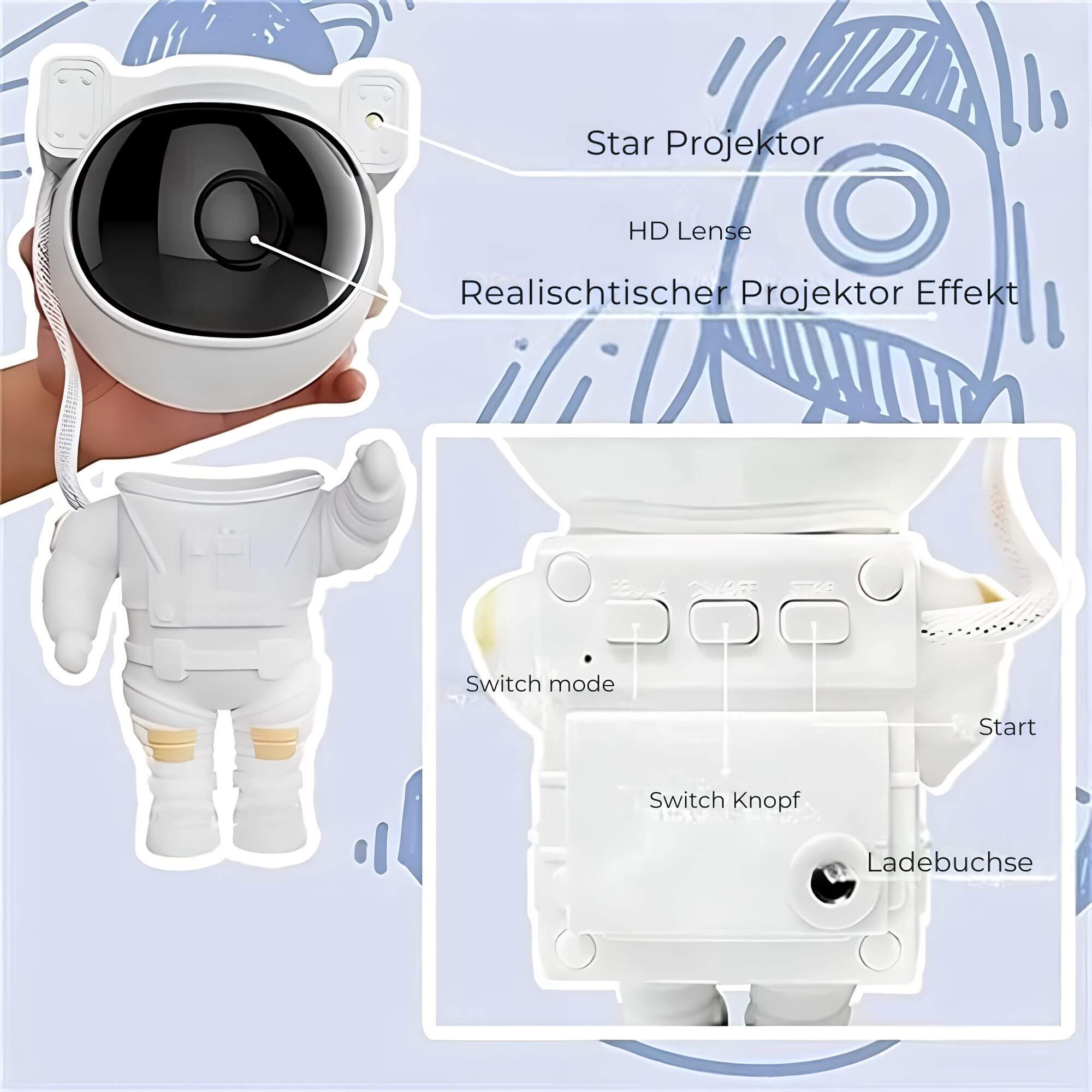 LED projektor hvězdné oblohy | design astronauta | galaxie na stropě a stěně | AstroGlow