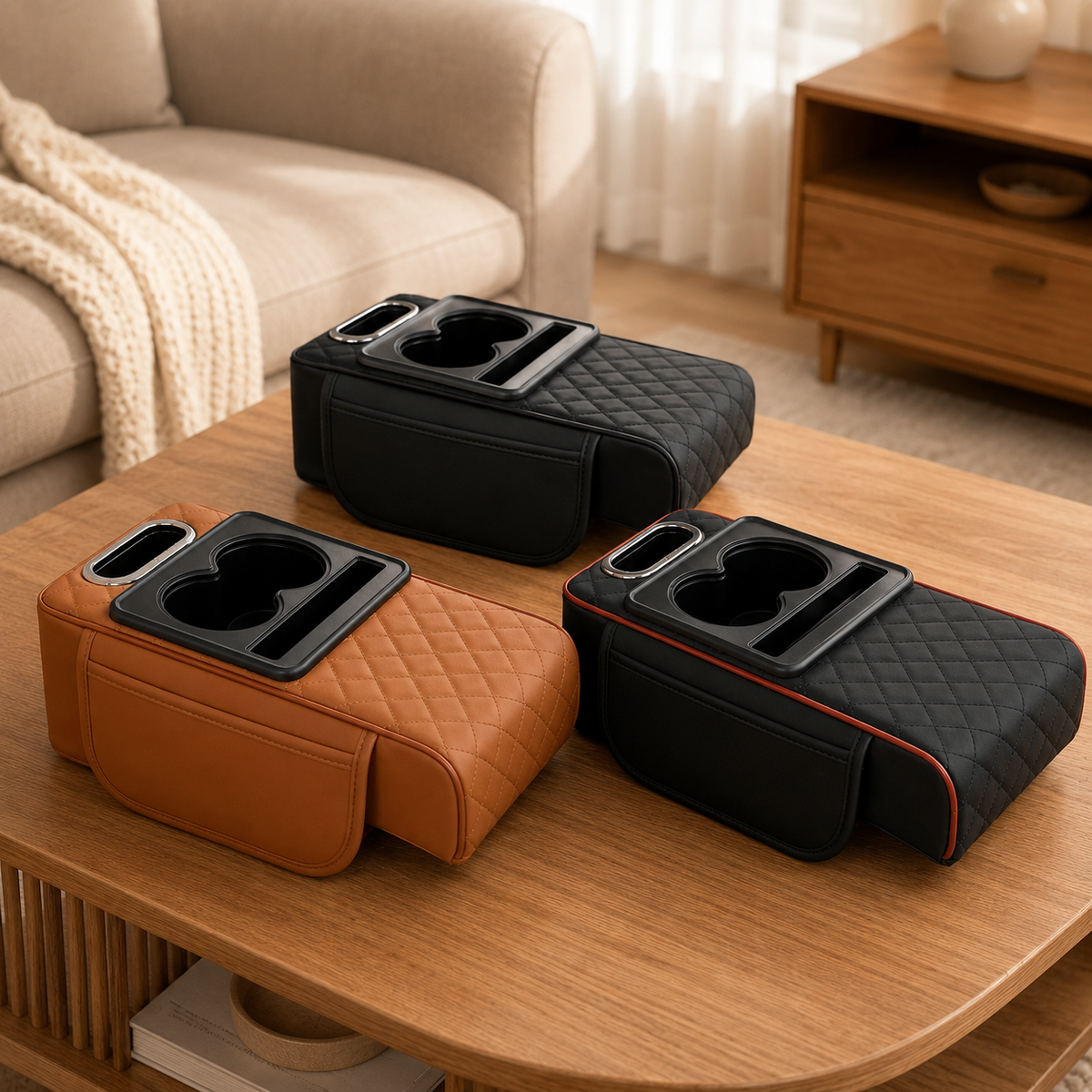 Auto Armlehnen Organizer gepolstert Nappa-Kunstleder | 5 Farben: Orange, Schwarz, Grau, Beige | Becherhalter & Taschentuchfach