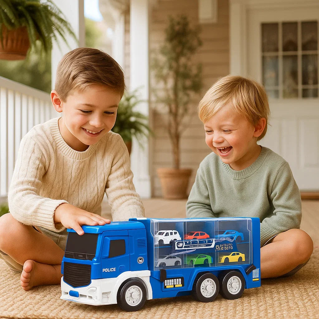 Autotruck Rennstrecke 2in1 Kunststoff | Inkl. 6 Mini-Autos | Verwandelt sich in Sekunden vom Transporter zur Rennbahn