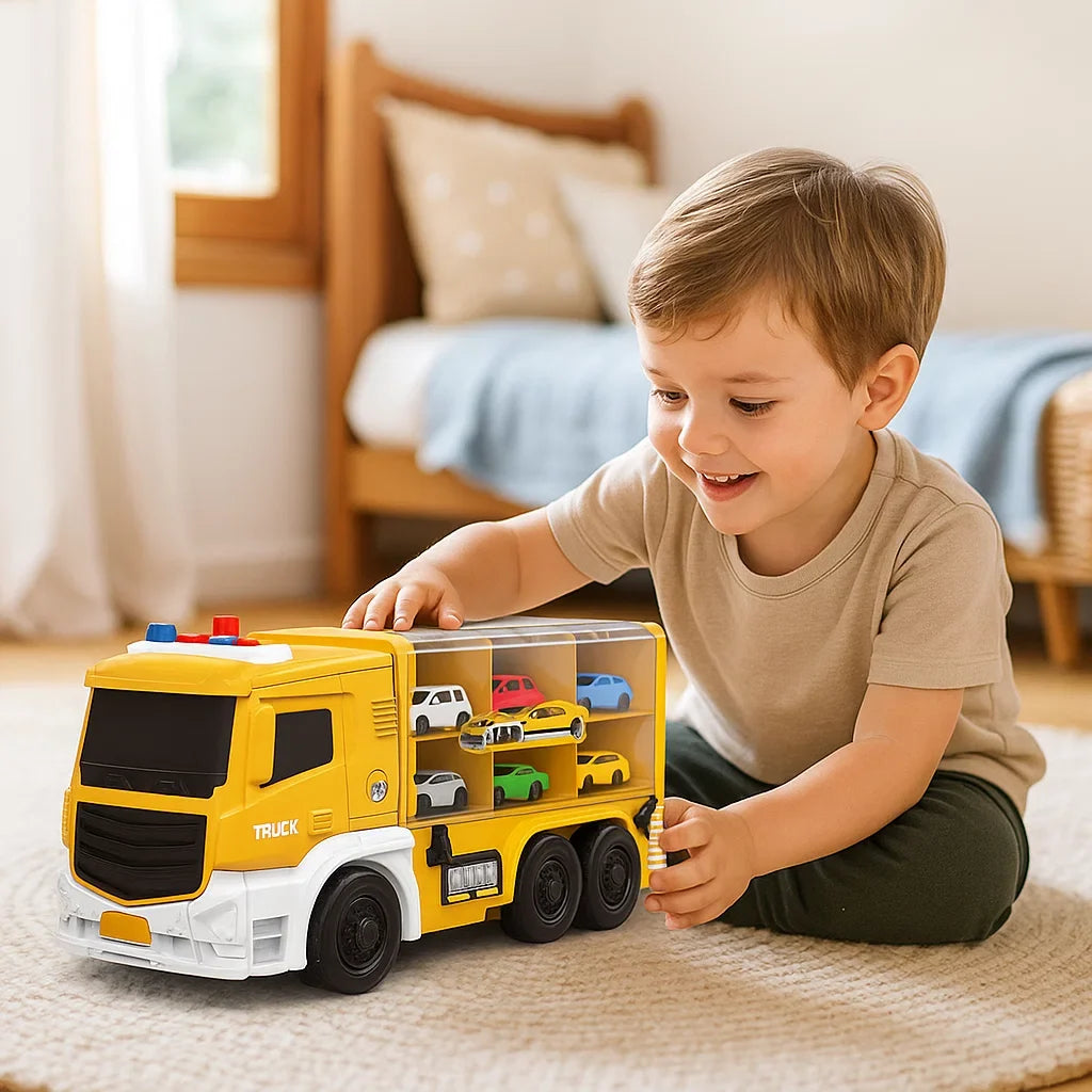 Autotruck Rennstrecke 2in1 Kunststoff | Inkl. 6 Mini-Autos | Verwandelt sich in Sekunden vom Transporter zur Rennbahn