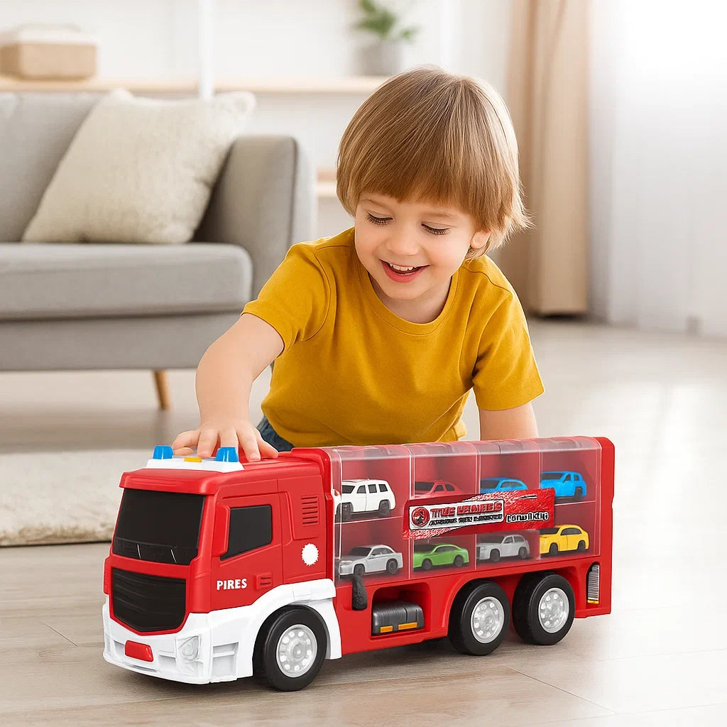 Autotruck Rennstrecke 2in1 Kunststoff | Inkl. 6 Mini-Autos | Verwandelt sich in Sekunden vom Transporter zur Rennbahn