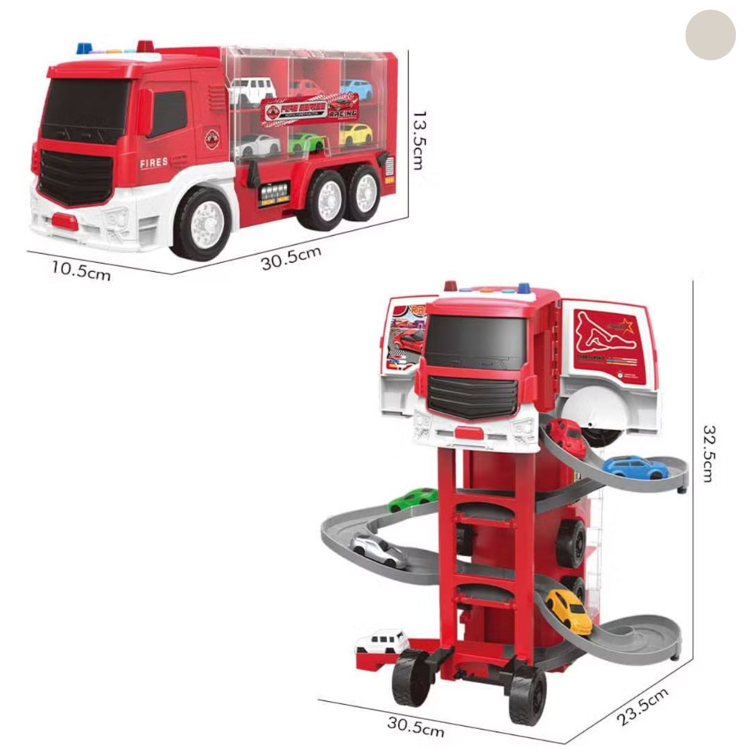 Autotruck Rennstrecke 2in1 Kunststoff | Inkl. 6 Mini-Autos | Verwandelt sich in Sekunden vom Transporter zur Rennbahn
