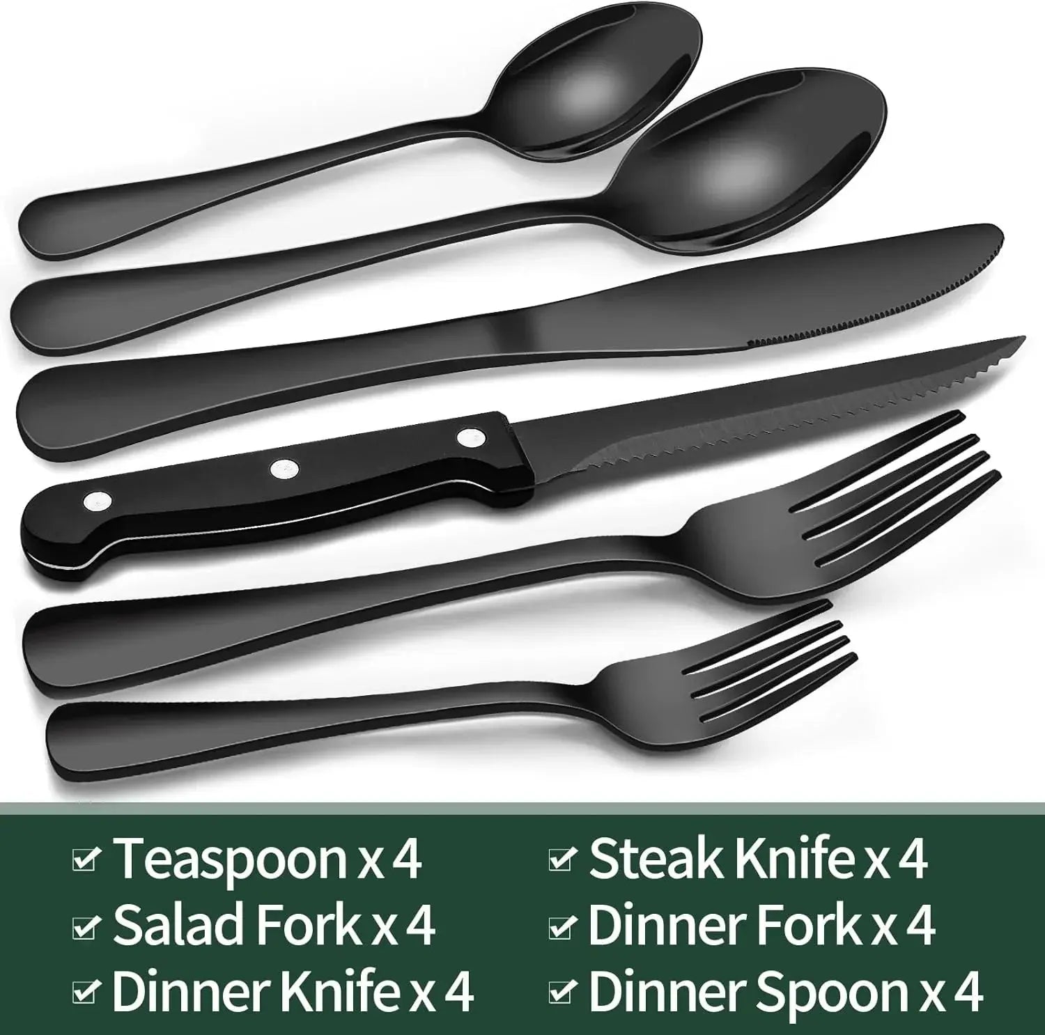 Besteck-Set | 24-teilig Schwarz Matt-Oberfläche | Inklusive Steakmesser | CutleryCraft