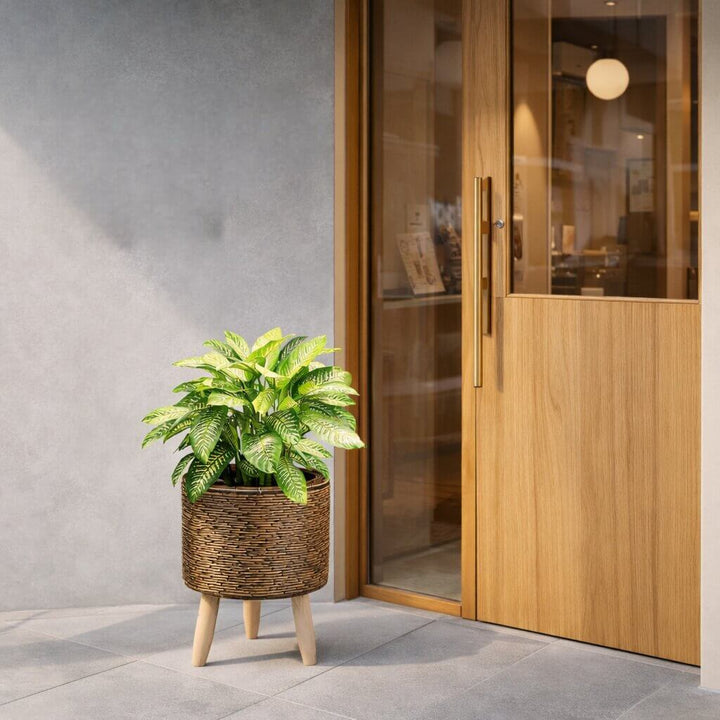 Blumentopf mit Holzfüßen | Design im Korbgeflecht-Stil | Für den Innen- und Außenbereich | Plantara
