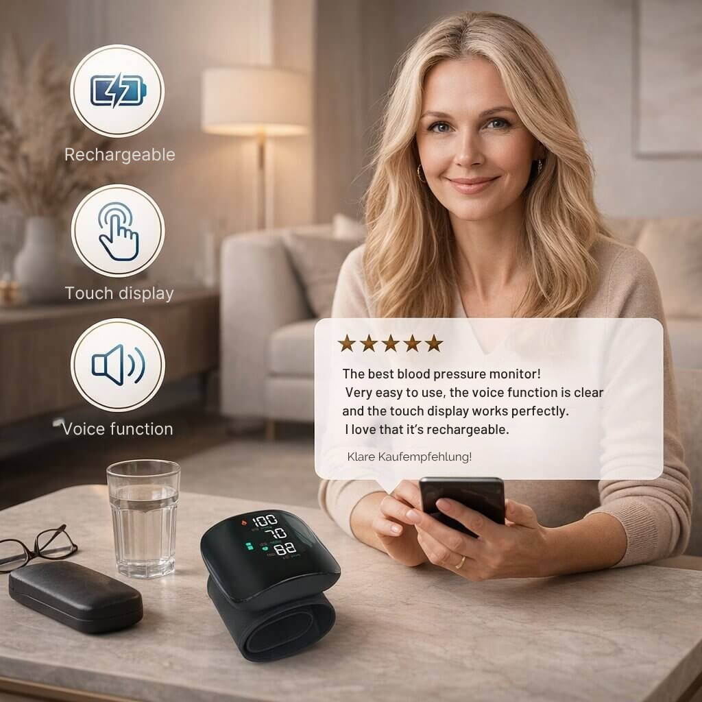 Blutdruckmessgerät für Handgelenk | Touch Display mit Sprachfunktion | Wiederaufladbar | Vitalensa