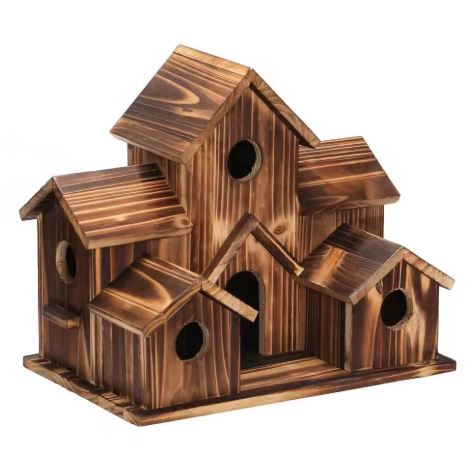 Handgefertigtes Vogelhaus Holz | 6 Eingänge | Jute-Aufhängung | Nestholm