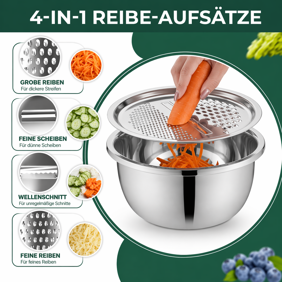 Rührschüssel Set Edelstahl | 3-in-1 mit Reibe und Sieb | Platzsparend Stapelbar, Rostfrei, Ideal für Salate und Gemüse 3