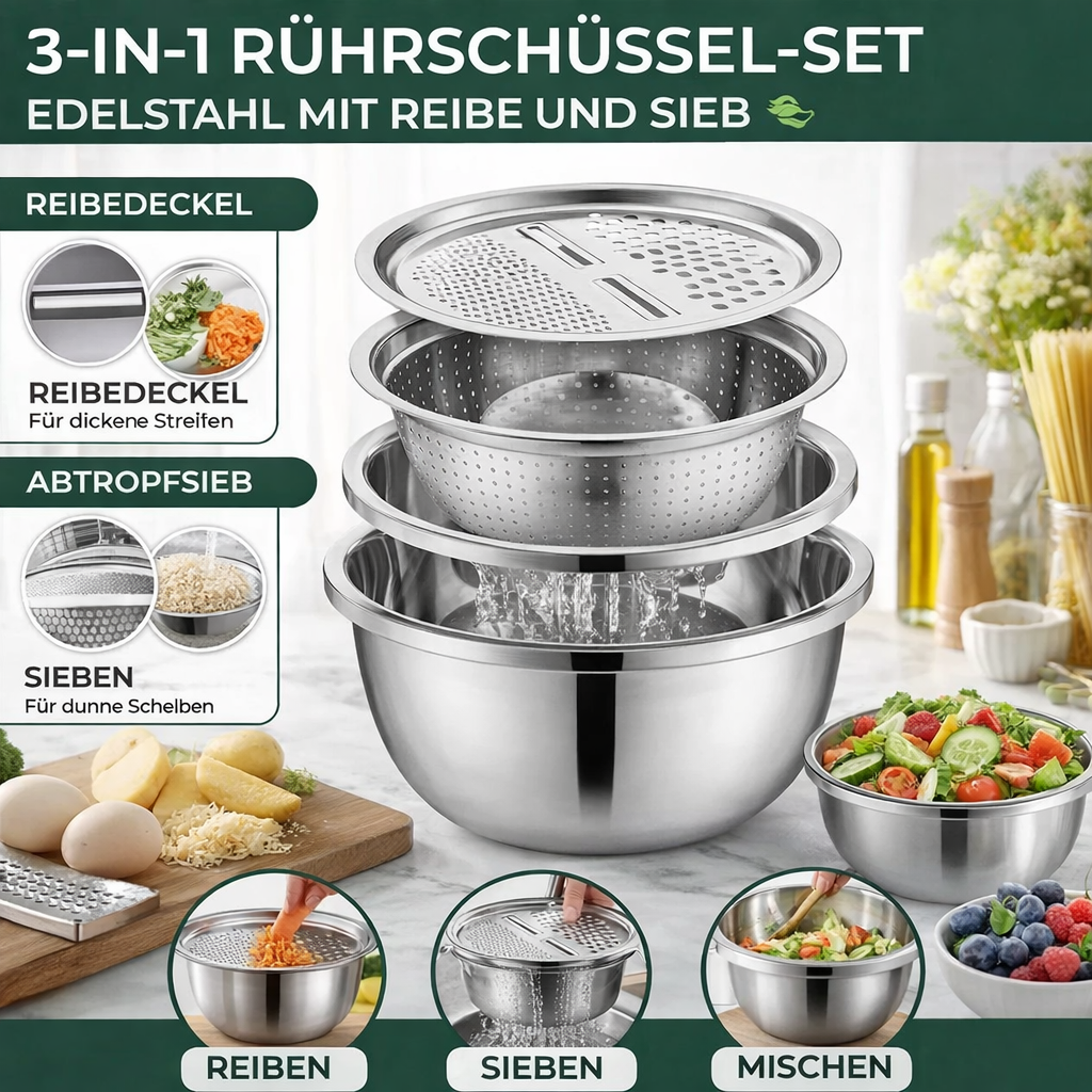 Rührschüssel Set Edelstahl | 3-in-1 mit Reibe und Sieb | Platzsparend Stapelbar, Rostfrei, Ideal für Salate und Gemüse 5