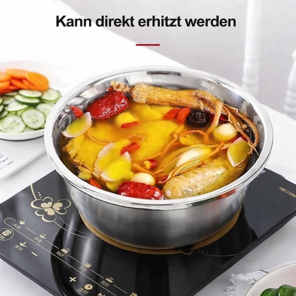 Rührschüssel Set Edelstahl | 3-in-1 mit Reibe und Sieb | Platzsparend Stapelbar, Rostfrei, Ideal für Salate und Gemüse 11