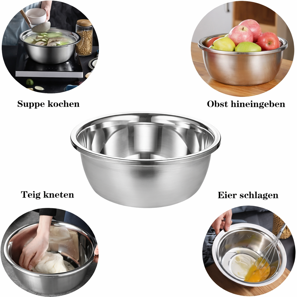 Rührschüssel Set Edelstahl | 3-in-1 mit Reibe und Sieb | Platzsparend Stapelbar, Rostfrei, Ideal für Salate und Gemüse 10