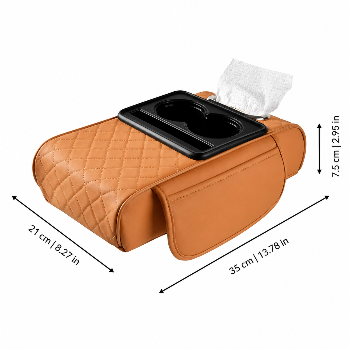 Auto Armlehnen Organizer gepolstert Nappa-Kunstleder | 5 Farben: Orange, Schwarz, Grau, Beige | Becherhalter & Taschentuchfach 2