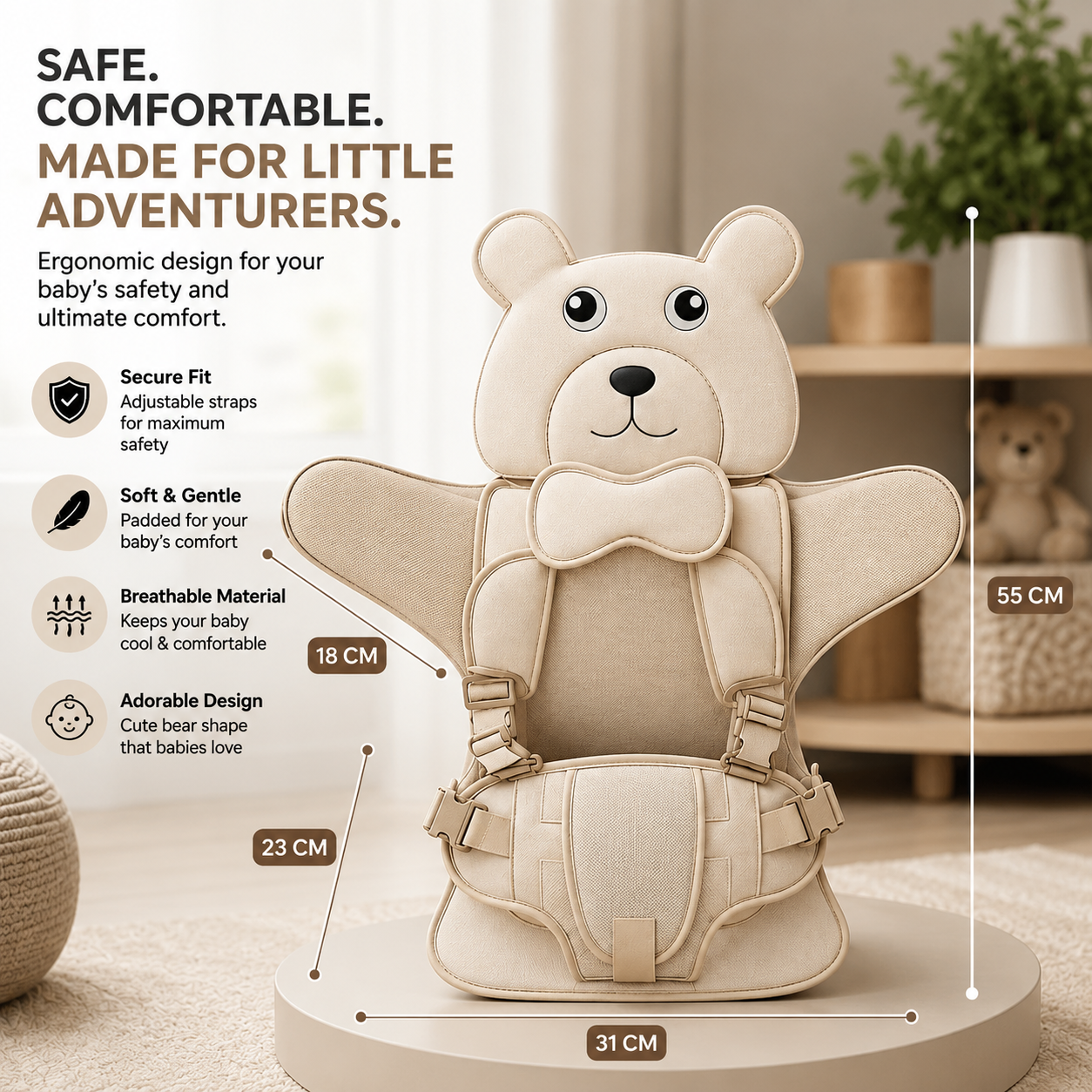 Kinder Autositzkissen | Bärendesign | Verstellbares Gurtsystem | SnugBear