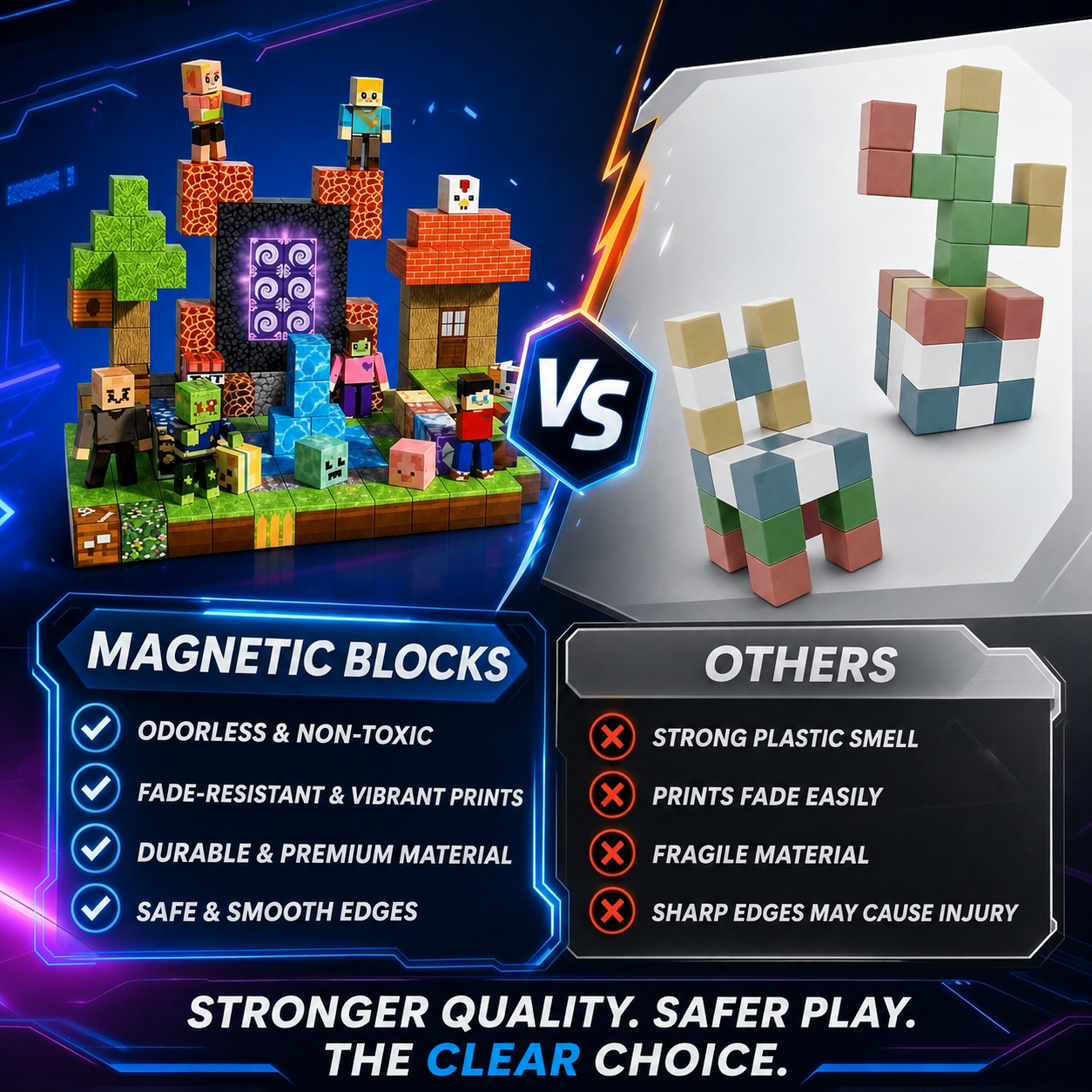 Conjunto de blocos magnéticos para crianças | 8 lados magnéticos por bloco | Com caixa de armazenamento | ClickCraft