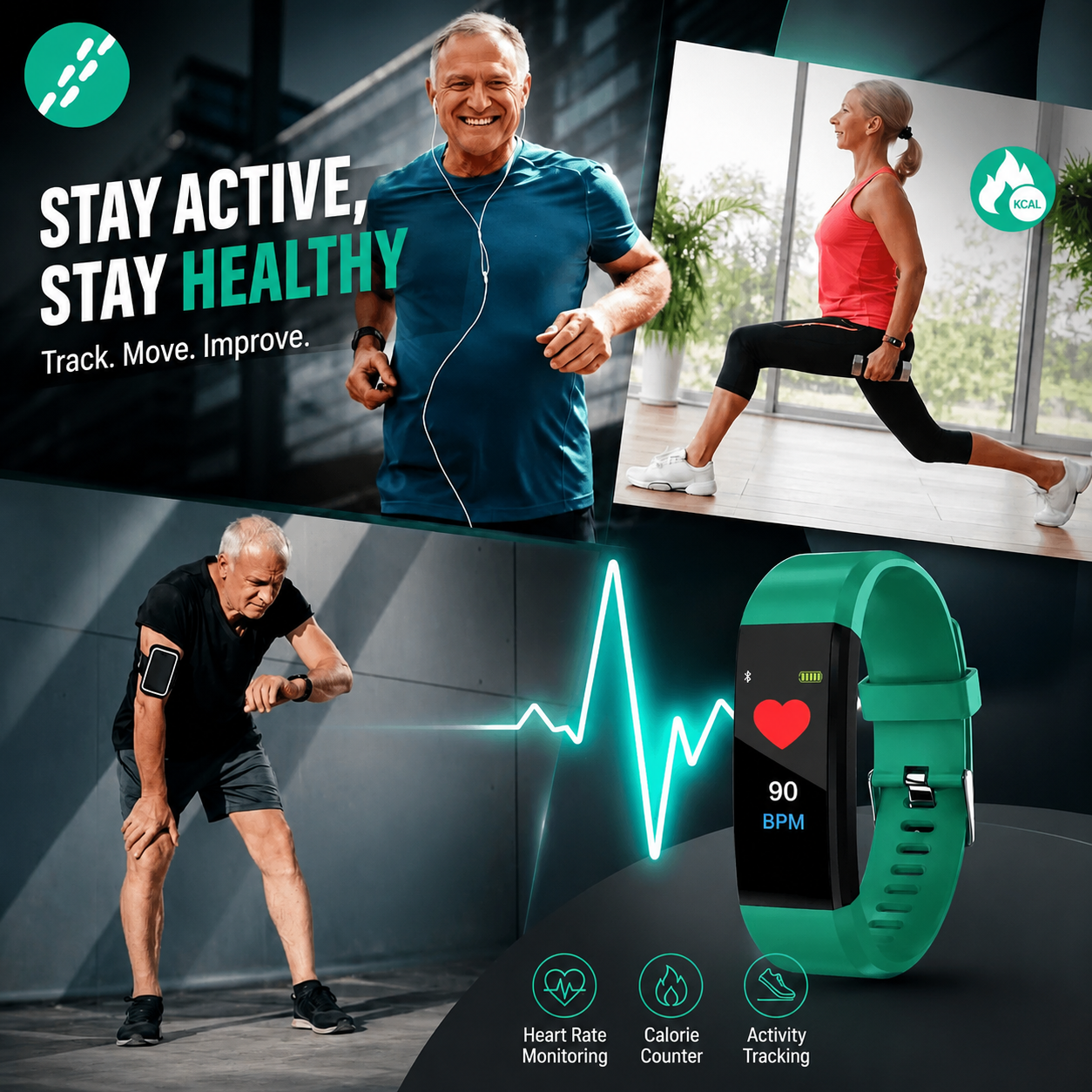 Senior-smartwatch med sundhedsfunktioner | 5 farver | Puls, skridt og søvnsporing | PulseEase