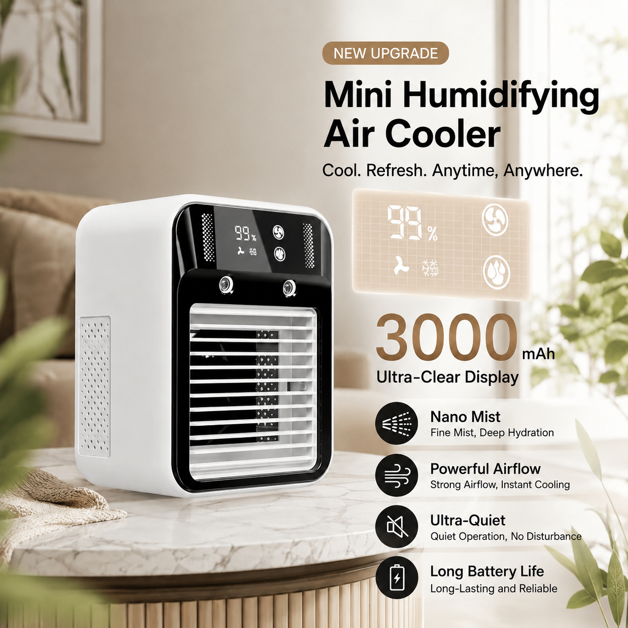 Mobilní ochlazovač vzduchu ventilátor Brisenlux | Sprejová mlha & USB-C | Bezdrátový se 3 rychlostmi větráku | Coolvento