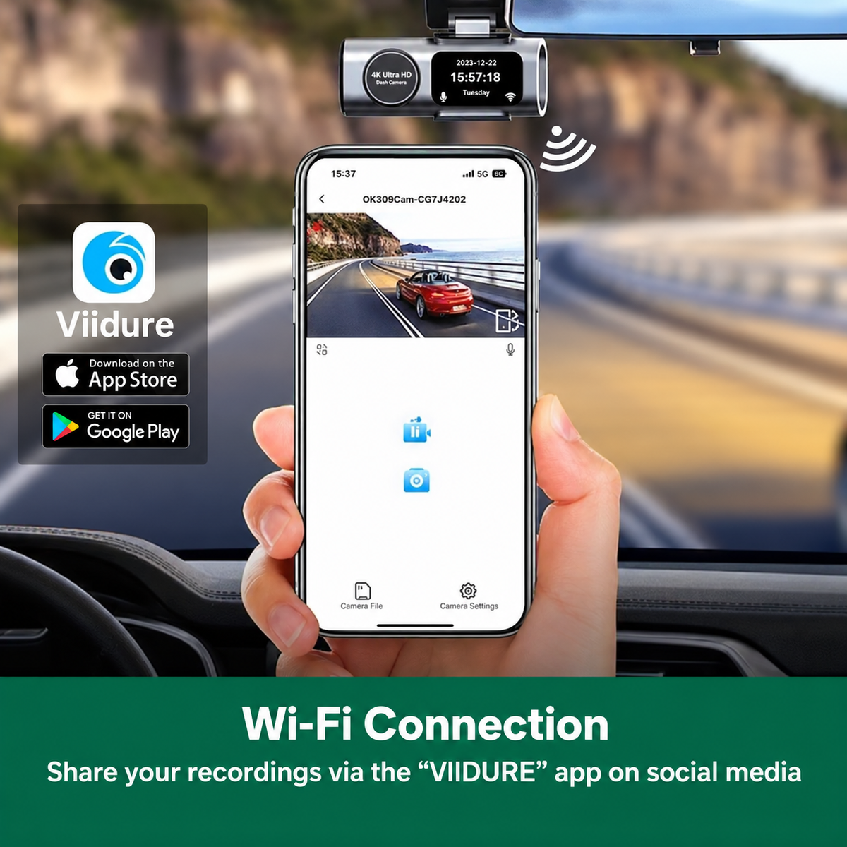 Dashcam 4K avec caméra avant et arrière | Vision nocturne, Wi-Fi et GPS | Surveillance du stationnement 24 heures sur 24, grand angle de 170° et jusqu’à 512 Go de stockage