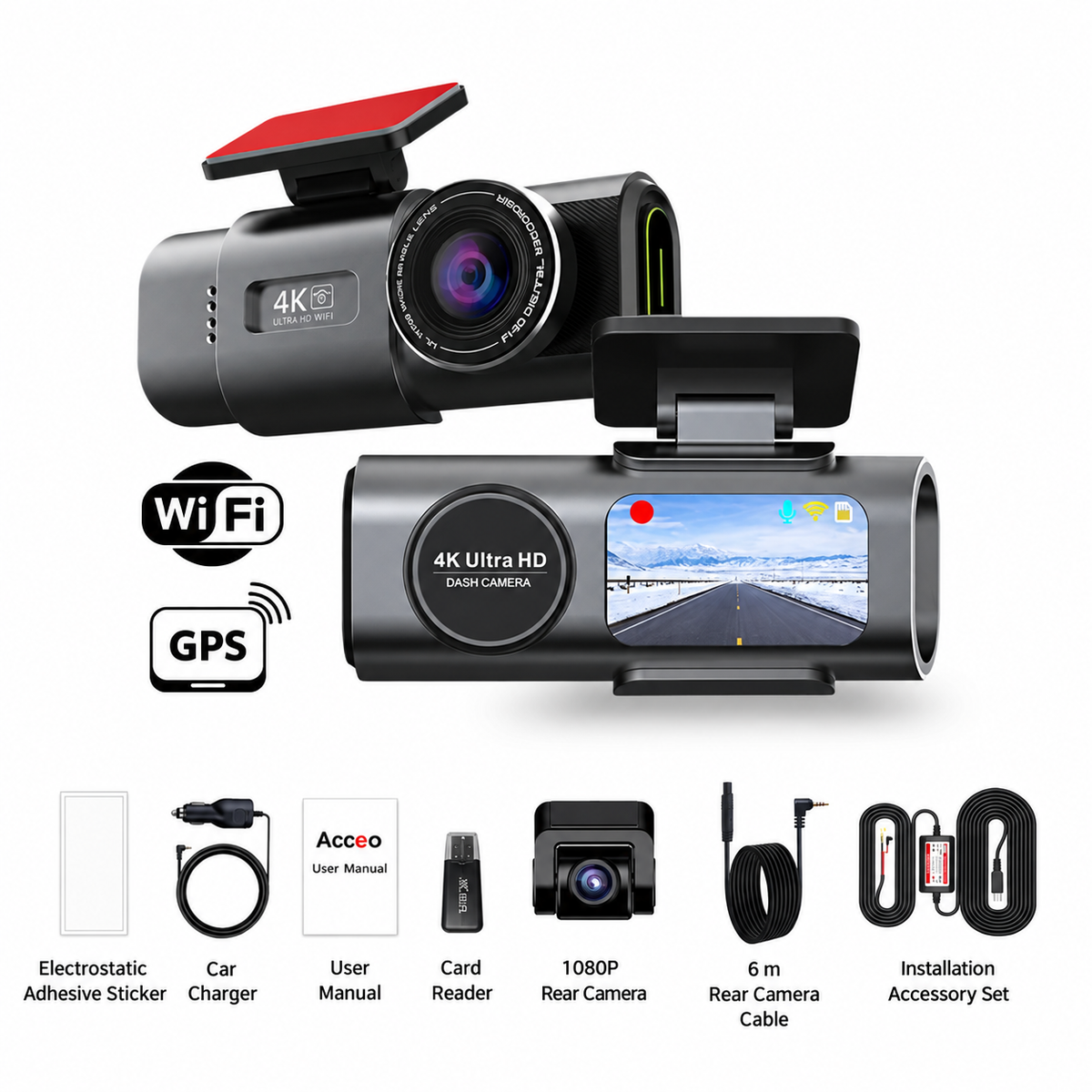 Dashcam 4K avec caméra avant et arrière | Vision nocturne, Wi-Fi et GPS | Surveillance du stationnement 24 heures sur 24, grand angle de 170° et jusqu’à 512 Go de stockage