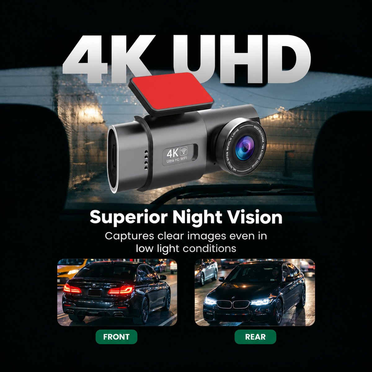 Dashcam 4K avec caméra avant et arrière | Vision nocturne, Wi-Fi et GPS | Surveillance du stationnement 24 heures sur 24, grand angle de 170° et jusqu’à 512 Go de stockage