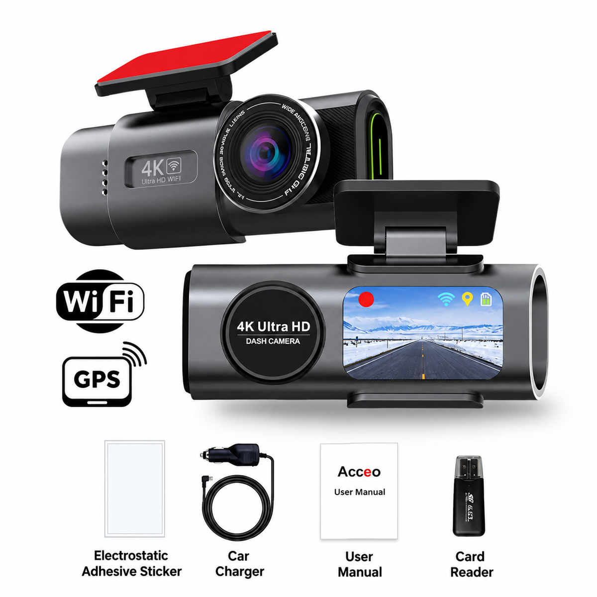 Dashcam 4K avec caméra avant et arrière | Vision nocturne, Wi-Fi et GPS | Surveillance du stationnement 24 heures sur 24, grand angle de 170° et jusqu’à 512 Go de stockage