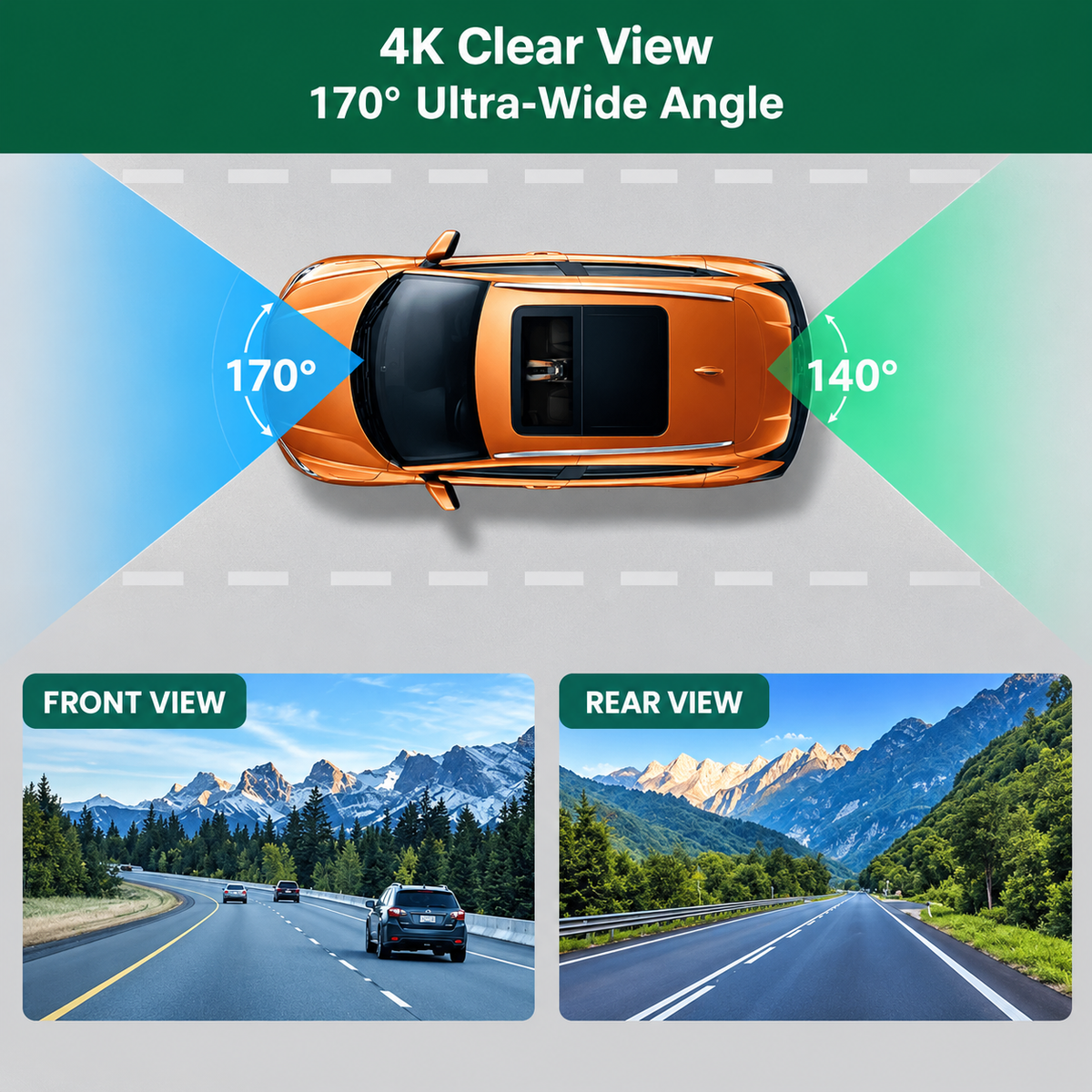 Dashcam 4K avec caméra avant et arrière | Vision nocturne, Wi-Fi et GPS | Surveillance du stationnement 24 heures sur 24, grand angle de 170° et jusqu’à 512 Go de stockage