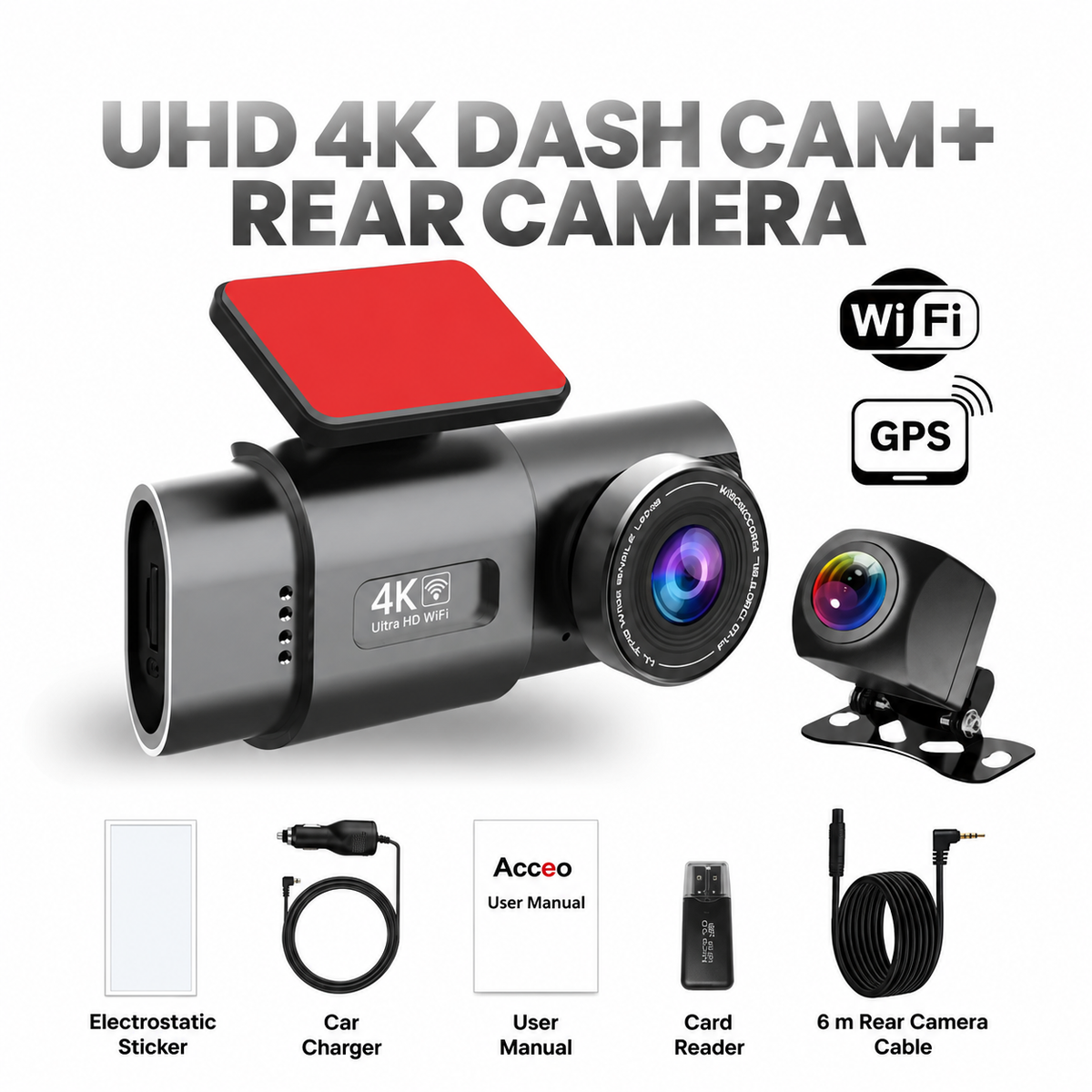 Dashcam 4K avec caméra avant et arrière | Vision nocturne, Wi-Fi et GPS | Surveillance du stationnement 24 heures sur 24, grand angle de 170° et jusqu’à 512 Go de stockage