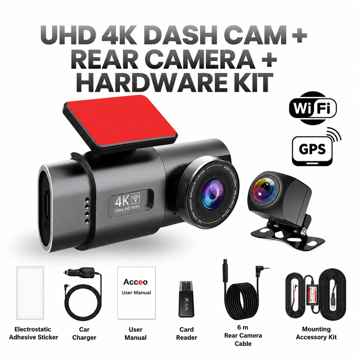 Dashcam 4K avec caméra avant et arrière | Vision nocturne, Wi-Fi et GPS | Surveillance du stationnement 24 heures sur 24, grand angle de 170° et jusqu’à 512 Go de stockage